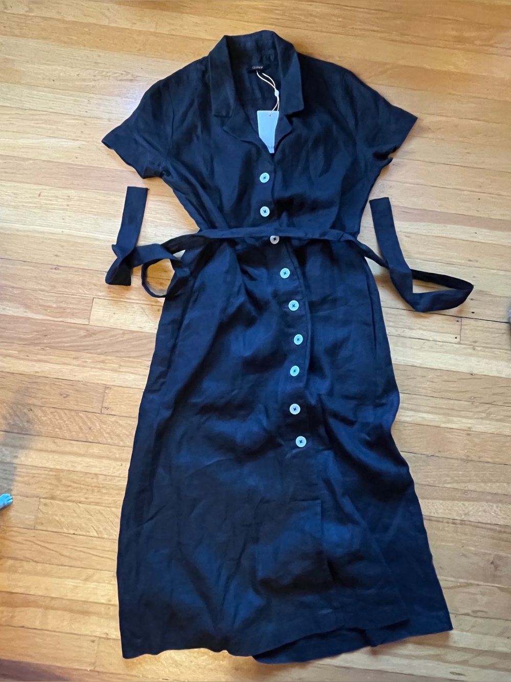 QUINCE 100% European linen black button front camp midi dress S - Picture 2 of 9